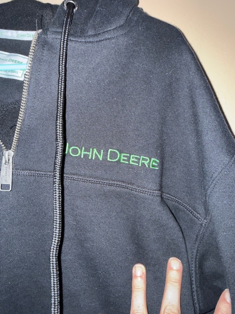 John Deere Black Zip-Up Hooded Sweatshirt with Green Logo - Picture 5 of 10